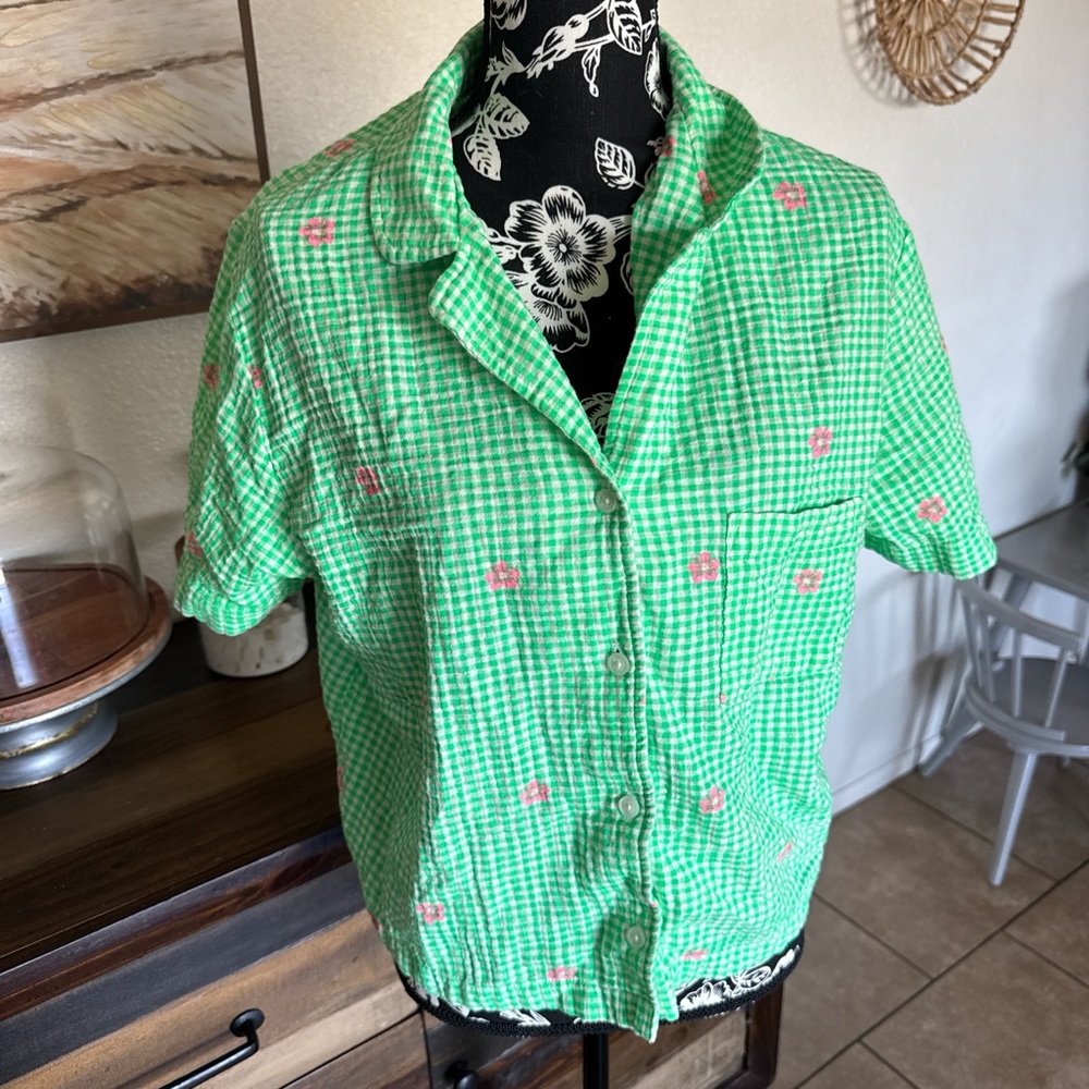 American Eagle Outfitters Green Gingham Button-Down with Pink Floral Accents